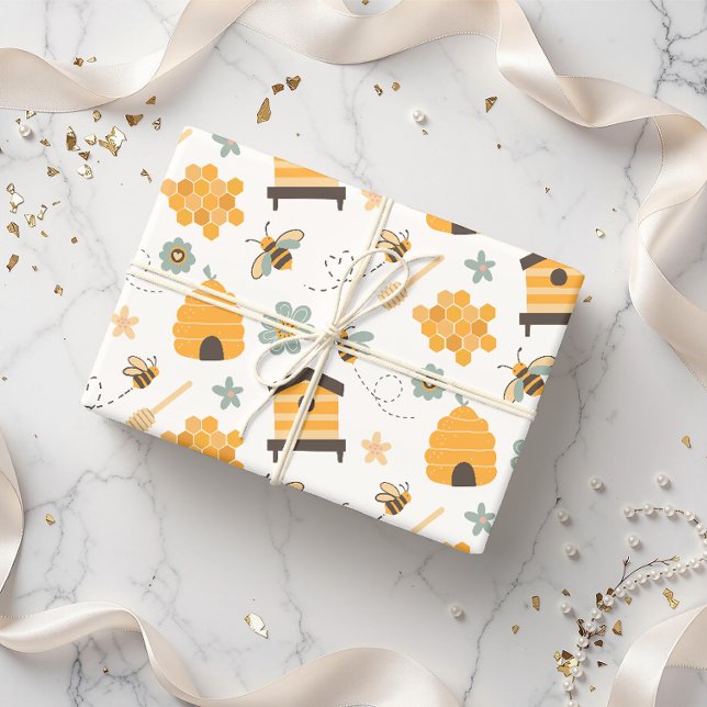 Niedliches Blue & Gold Bee Wrapping Paper Geschenkpapier (Von Creator hochgeladen)
