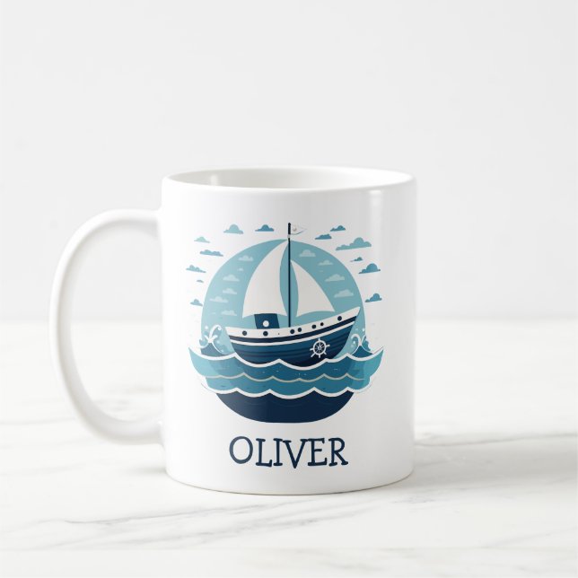 Niedliches Blue Sailboat auf See Personalisiert Kaffeetasse (Links)