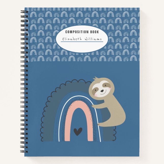 Niedliches Blue Sloth und Rainbows-Kompositionsbuc Notizbuch (Vorderseite)