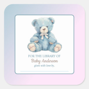 Niedliches Blue Teddy Bear Baby Dusche Buchzeichen Quadratischer Aufkleber
