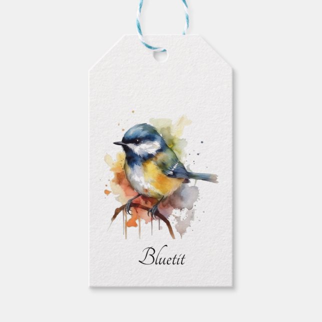 Niedliches Bluetit auf Zweig, Brauch Geschenkanhänger (Vorderseite)