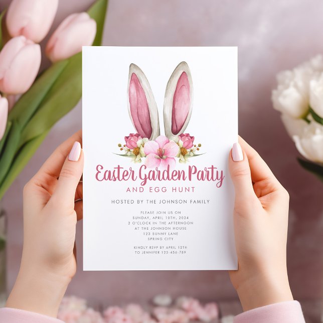 Niedliches Blumengebälk Ostergarten Party Einladung (Cute Floral Bunny Ears Easter Garden Party Invitation)