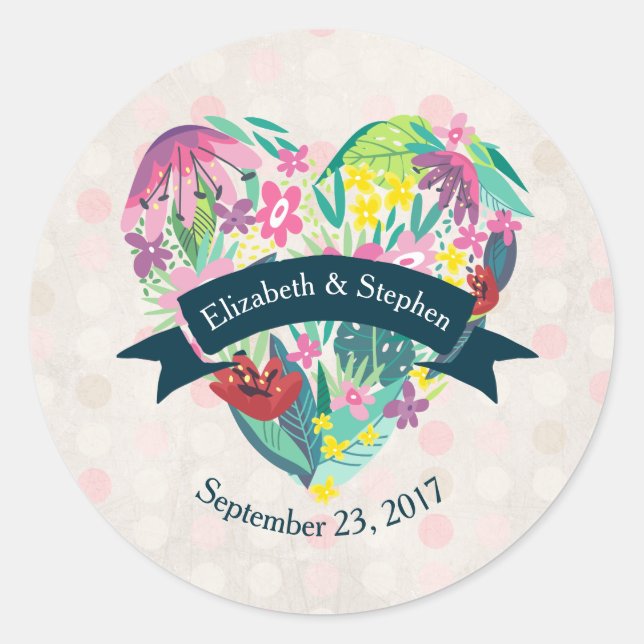 Niedliches Blumenherz mit tropischen Blume Hochzei Runder Aufkleber (Vorderseite)