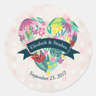 Niedliches Blumenherz mit tropischen Blume Hochzei Runder Aufkleber