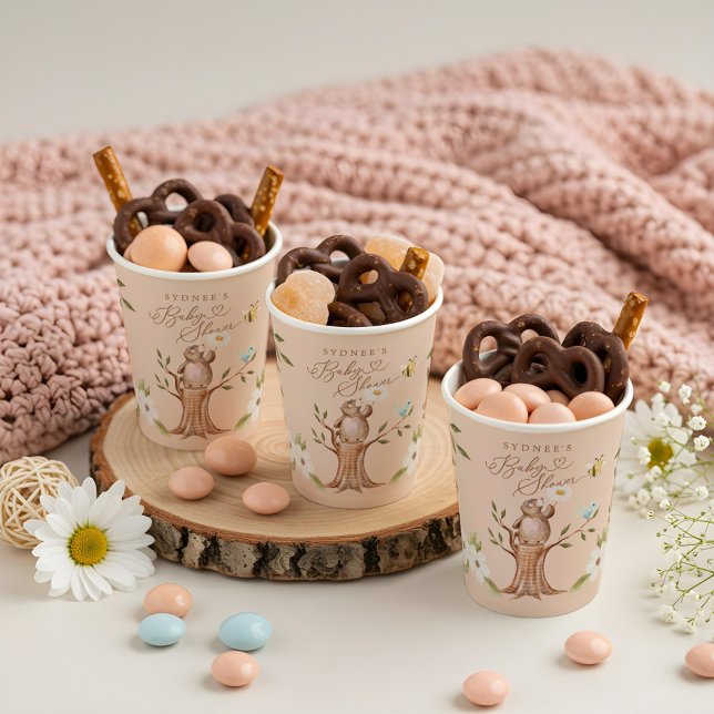 Niedliches Blumenholz-Bärendusche Pappbecher (Cute Floral Woodland Knitted Bear Baby Shower Paper Cups)