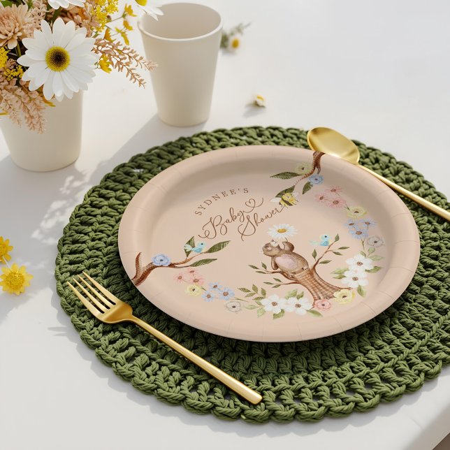 Niedliches Blumenholz-Bärendusche Pappteller (Cute Floral Woodland Knitted Bear Baby Shower Paper Plates)