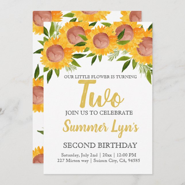 Niedliches Blumenkinder zum zweiten Geburtstag Einladung (Vorne/Hinten)