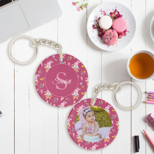 Niedliches Blumenmuster Monogram Foto Magenta Schlüsselanhänger