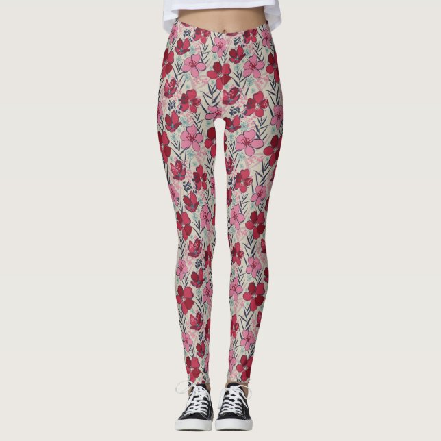 Niedliches Blumenmuster, Rot und Rosa Leggings (Vorderseite)