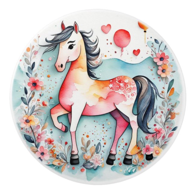 Niedliches Blumenpferd Keramikknauf (Vorderseite)