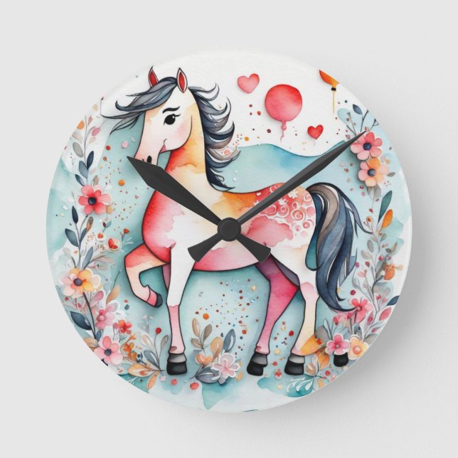 Niedliches Blumenpferd Runde Wanduhr (Vorderseite)
