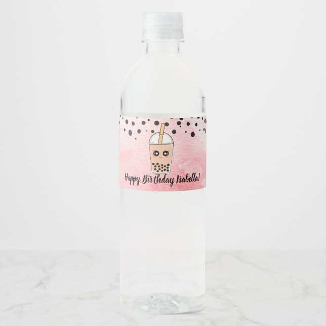 Niedliches Boba Tee Geburtstagsparty Wasserflasche Wasserflaschenetikett (Vorderseite)