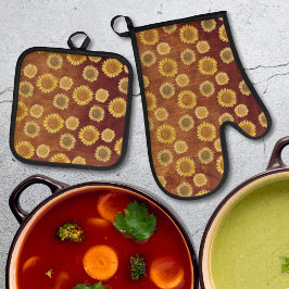 Niedliches Boho Bauernhaus Holz Rustikale Sonnenbl Ofenhandschuh & Topflappen-Set