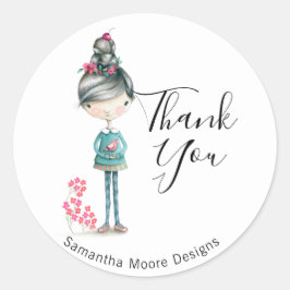Niedliches Boho Girl with Bird "Danke"-Geschäft Runder Aufkleber