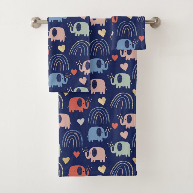 Niedliches Boho Navy Blue Elephant Muster Badhandtuch Set (Insitu)