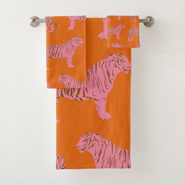 Niedliches Boho Orange und rosa Tiger Art Muster Badhandtuch Set (Insitu)