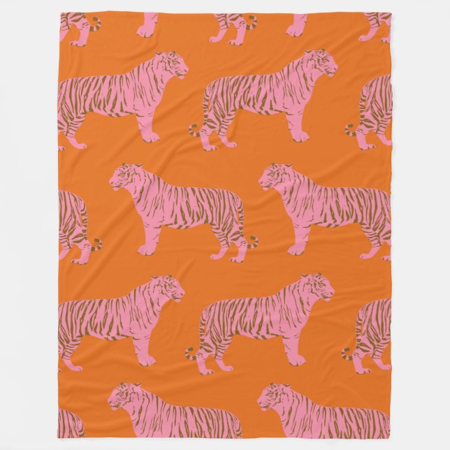 Niedliches Boho Orange und rosa Tiger Art Muster Fleecedecke (Vorderseite)