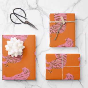 Niedliches Boho Orange und rosa Tiger Kunstmuster Geschenkpapier Set
