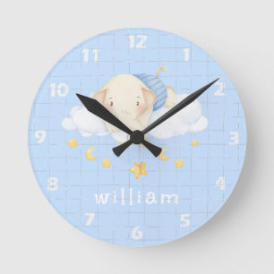 Niedliches Boho Wasserfarbe Elephant Clouds Blaues Runde Wanduhr