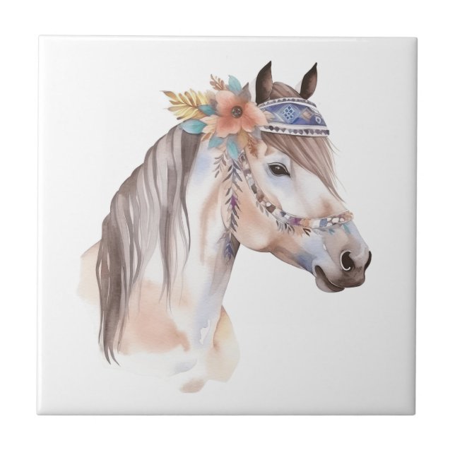 Niedliches boho Wasserfarbe Hippie Pferdedesign Fliese (Vorderseite)