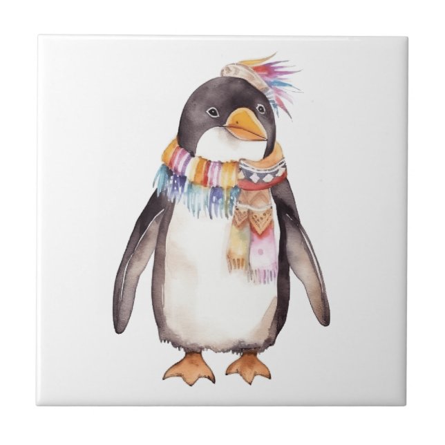 Niedliches boho Wasserfarbenpinguin-Design Fliese (Vorderseite)