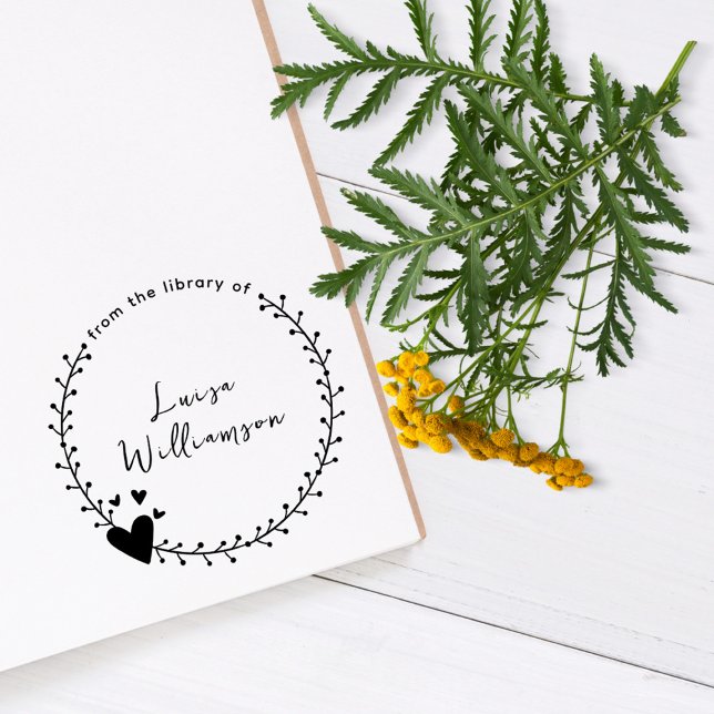 Niedliches Botanisches Kreide- und Herzbuch Permastempel (Cute Botanical Wreath and Hearts Girly Custom Book Self-inking Stamp)