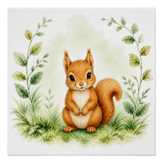 Niedliches botanisches rotes Eichhörnchen Aquarell Poster