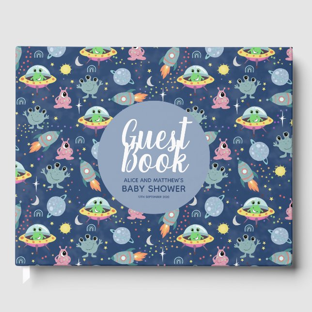 Niedliches Boys Space Pattern Baby Showbook Gästebuch (Vorderseite)