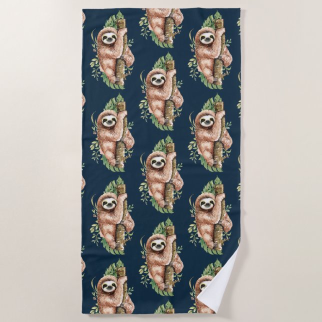 Niedliches braunes Faultier & tropische Blätter Wa Strandtuch (Vorderseite)