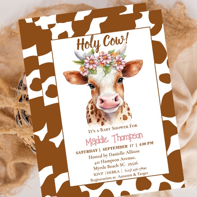 Niedliches Brown Cow Floral Farm Thema Kinderdusch Einladung (Von Creator hochgeladen)