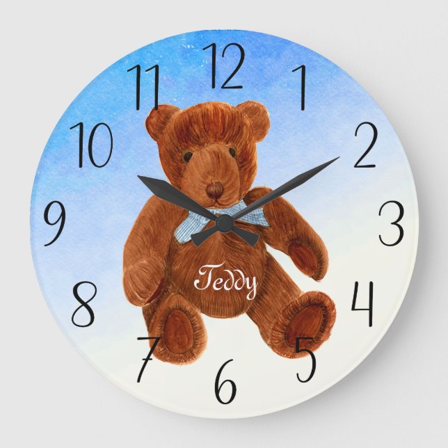 Niedliches Brown Teddy Bear Wasserfarbenspiel Große Wanduhr (Vorderseite)