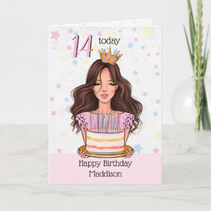 Niedliches Brünettes Mädchen mit Cake Happy Birthd Feiertagskarte