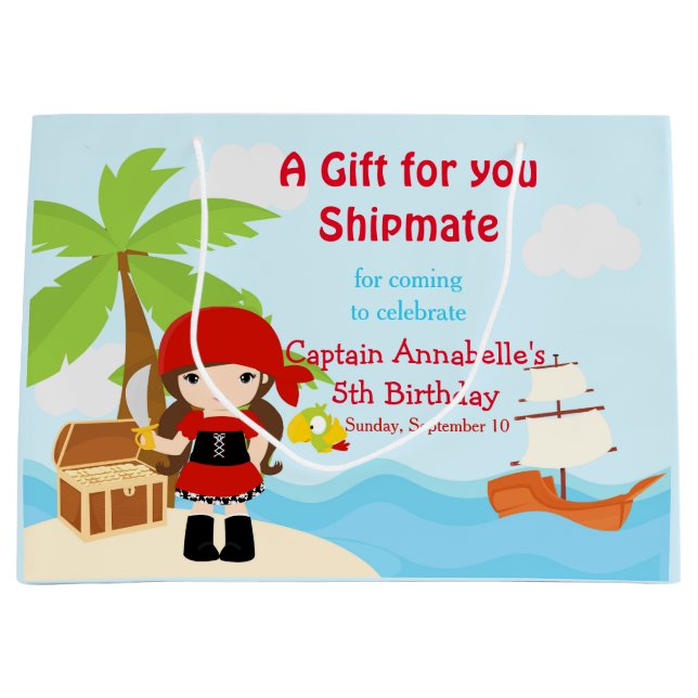 Niedliches Brünettes Pirate Girl in Red Danke Große Geschenktüte (Vorderseite)