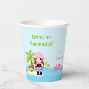 Niedliches Brünettes Piratenmädchen in Pink Geburt Pappbecher