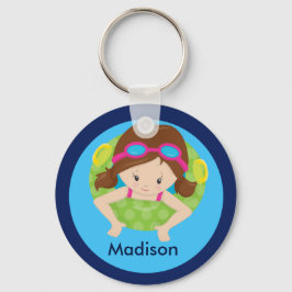 Niedliches Brünettes Swim Girl mit Goggles Custom Schlüsselanhänger