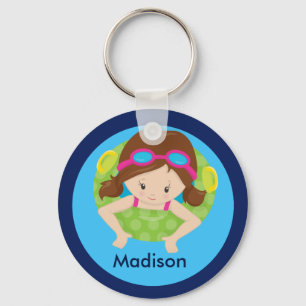 Niedliches Brünettes Swim Girl mit Goggles Custom  Schlüsselanhänger