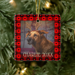 Niedliches Buffalo Kariert Hearts Custom Dog Weihn Keramikornament