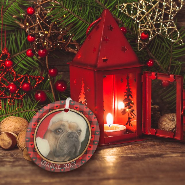 Niedliches Buffalo Kariert Hearts Custom Dog Weihn Ornament Aus Glas (Von Creator hochgeladen)