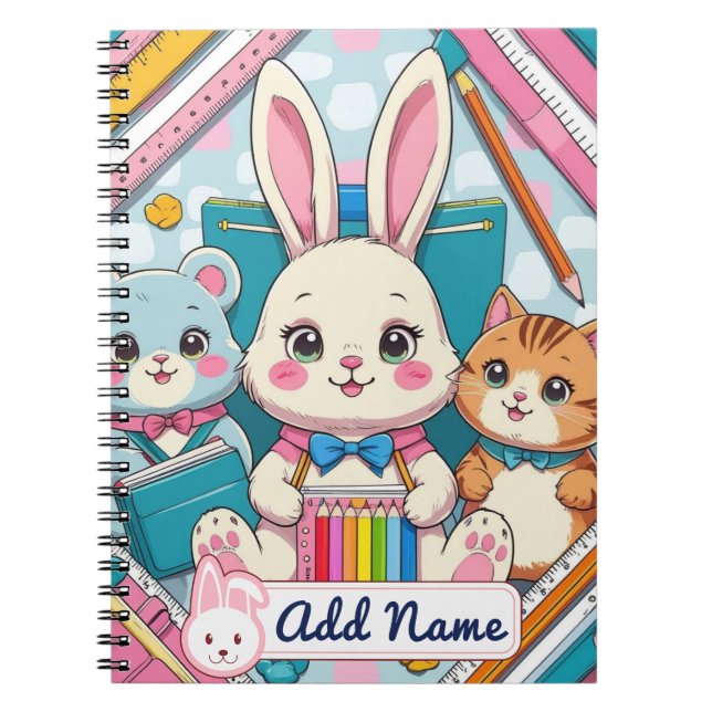 Niedliches Bunny & Cat Notebook - Name Notizblock (Vorderseite)