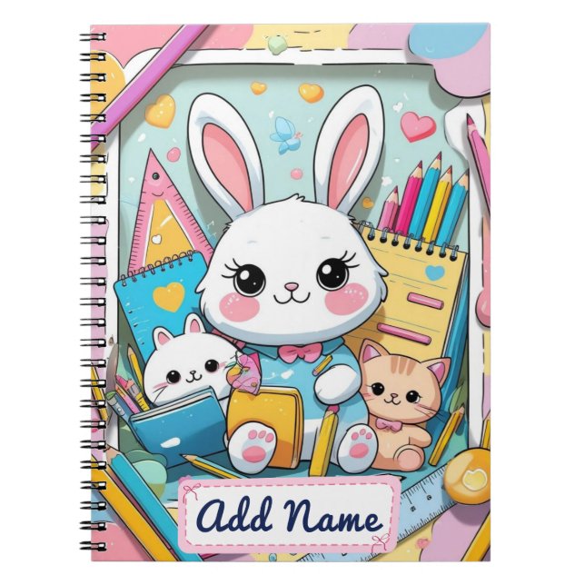 Niedliches Bunny & Cats Notebook - Name Notizblock (Vorderseite)