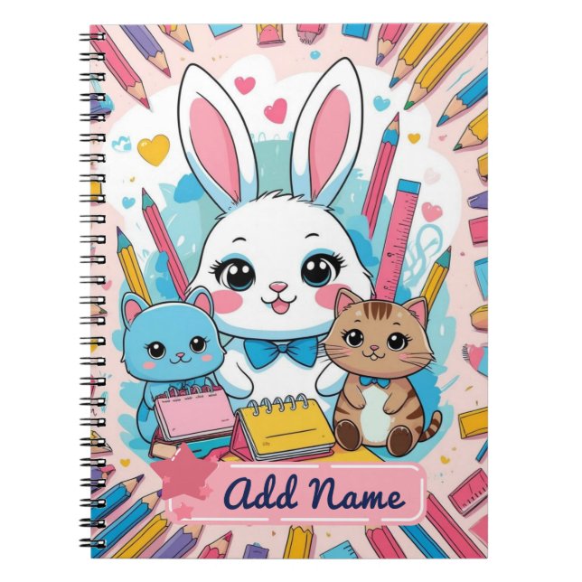 Niedliches Bunny & Cats Notebook - Name Notizblock (Vorderseite)
