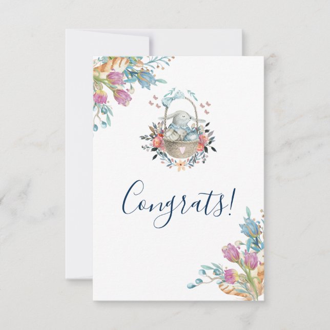 Niedliches Bunny in einem Korb mit Eiern und Hübsc Karte (Vorderseite)