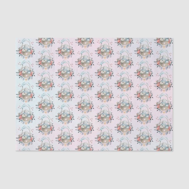 Niedliches Bunny in einem Korb mit Eiern und Hübsc Seidenpapier (Vorderseite)