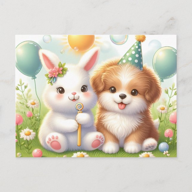 Niedliches Bunny & Niedlich Puppy Postkarte (Vorderseite)