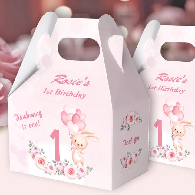 Niedliches Bunny Pink 1. Geburtstagsmädchen Geschenkschachtel (Cute Bunny Pink 1st Birthday Girl Floral Spring Favor Boxes)