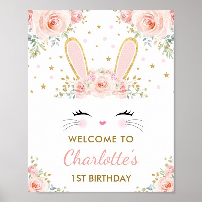 Niedliches Bunny Pink Gold Floral Osterhasen Willk Poster (Vorne)
