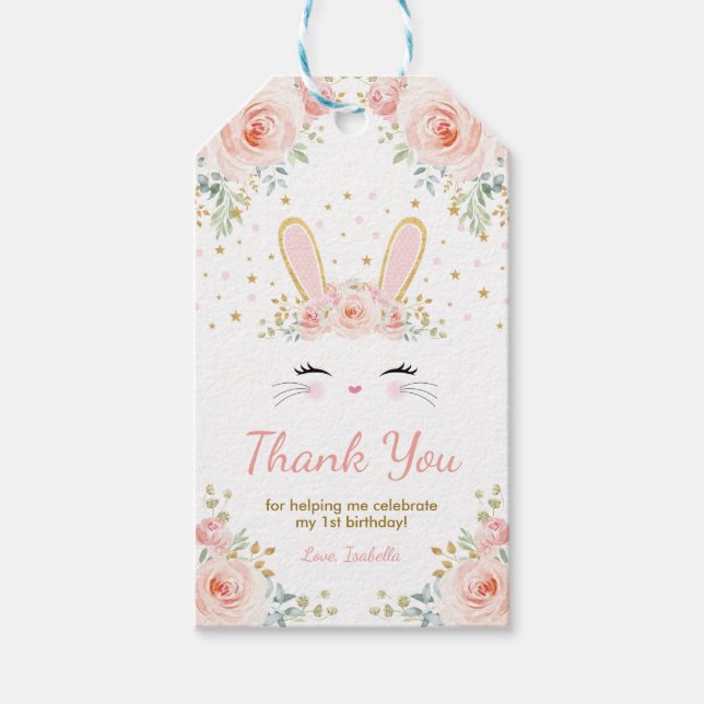 Niedliches Bunny Rabbit Birthday Blush Gold Floral Geschenkanhänger (Vorderseite)
