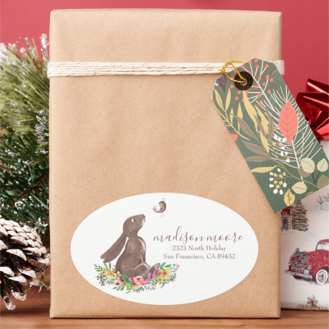 Niedliches Bunny Rabbit Floral Mailing/Rücksendead Ovaler Aufkleber (Feiertag)