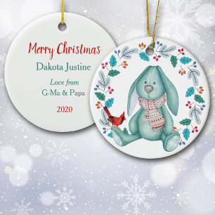 Niedliches Bunny Rabbit mit dem Weihnachtsfest des Keramik Ornament