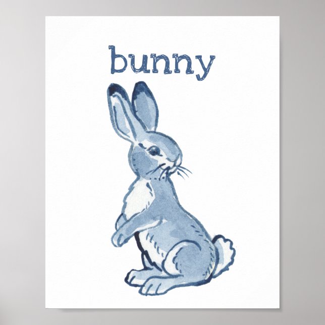Niedliches Bunny Rabblt Blaue Wasserfarbe Tierart Poster (Vorne)